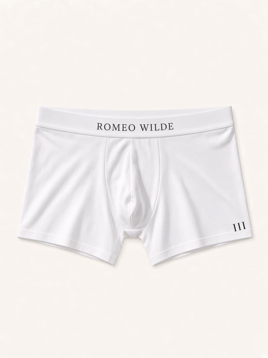 Romeo Wilde Boxer Brief in white, front with Romeo Wilde on the waistband and the III along the leg
